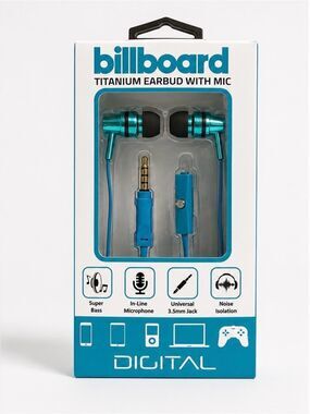 Billboard Titanium Wired Earbuds with Mic Teal Blue NIP